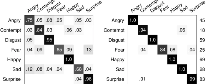 Figure 4.2 (left) A confusion matrix for expression detection from the SPTS + CAPP result of Lucey et al