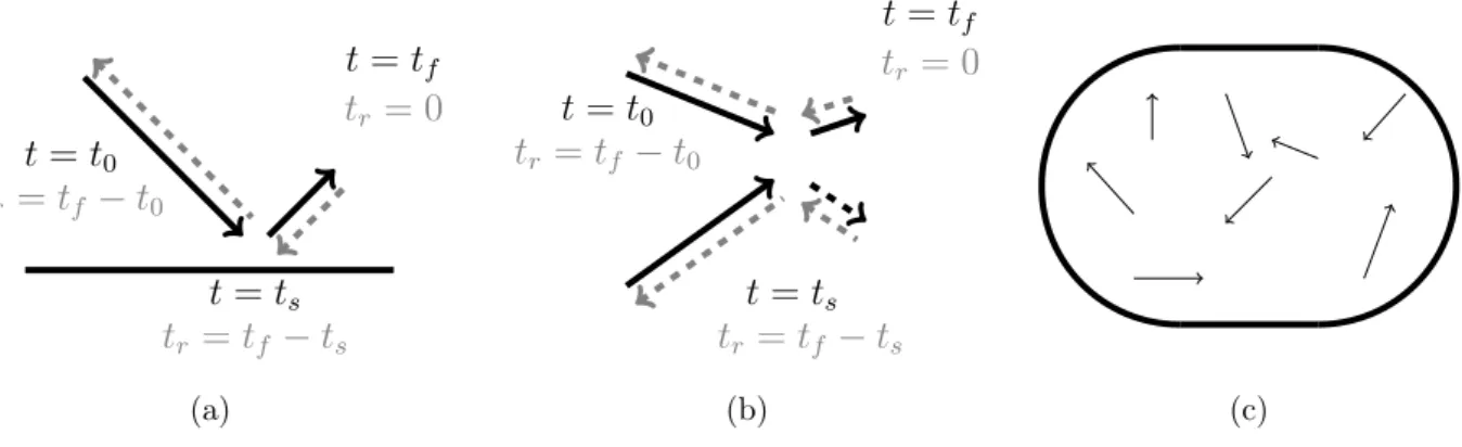 Figure 1.1 – Trajectoire des boules de billard : en trait plein noir dans le sens direct (des temps positifs), en pointillé gris pour le retournement temporel