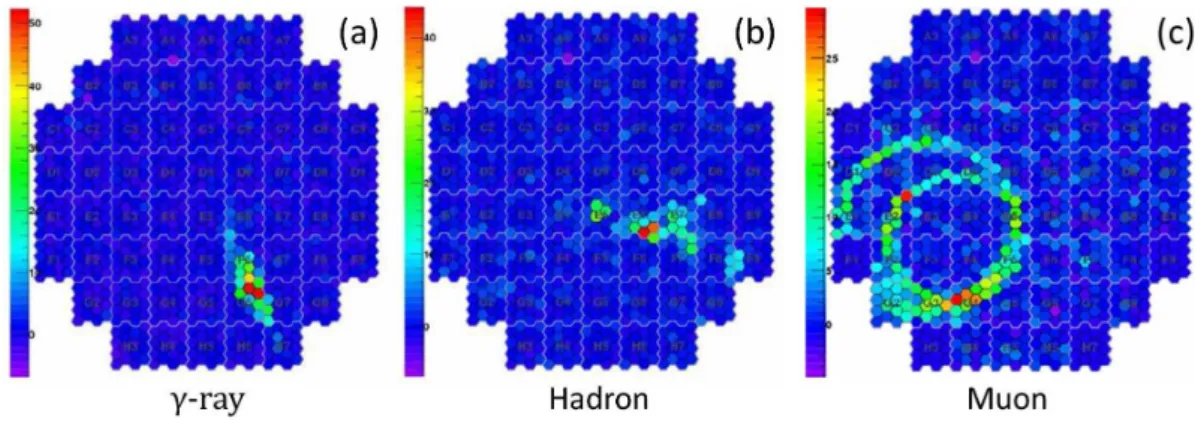 Figure 2.3  Typical Cherenkov light signatures in the H.E.S.S. cameras for (a) γ-ray, (b) cosmic-ray hadron and (c) muon
