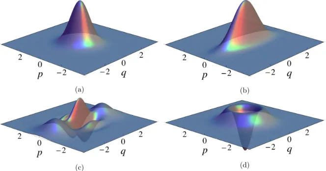 Figure II.2: Some examples of Wigner functions. (a) is the vacuum state, i.e. a coherent state with α = 0; (b) is a momentum squeezed vacuum state of momentum variance ∆ˆp 2 = 1/12 ,
