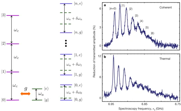 Figure 3 | Direct spectroscopic observation of quantized cavity photon number. Shown are qubit spectra with coherent cavity drive at different average cavity occupations ð Þ