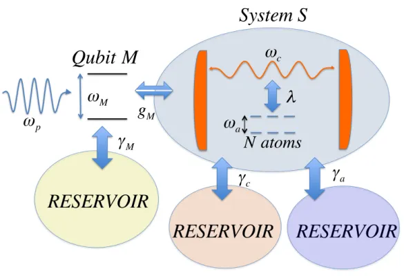 Figure 5.1 A sketch of a cavity (circuit) QED system S consisting of a single- single-mode resonator coupled to N two-level (artificial) atoms