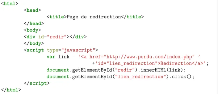 Figure 2.5 Redirection JavaScript avec insertion d’une balise HTML