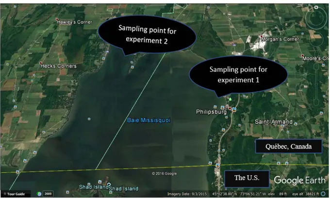 Figure 3. 6: The location of samples collection (Missisquoi Bay. Quebec, Canada). Sampling point  for experiment 1 is &#34;Philipsburg&#34; and for experiment 3 is &#34;Venise-en-Québec&#34;