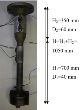 Figure 2-3: Réacteur métallique utilisé dans le procédé H2=350 mm D2=60 mm H1=700 mm D1=40 mm H=H1+H2=1050 mm 