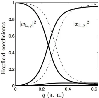 Figure 2.3: Hopﬁeld coeﬃcients of the lower polaritonic mode in the THz regime, from q = 0 (left) to higher wave vectors (right)