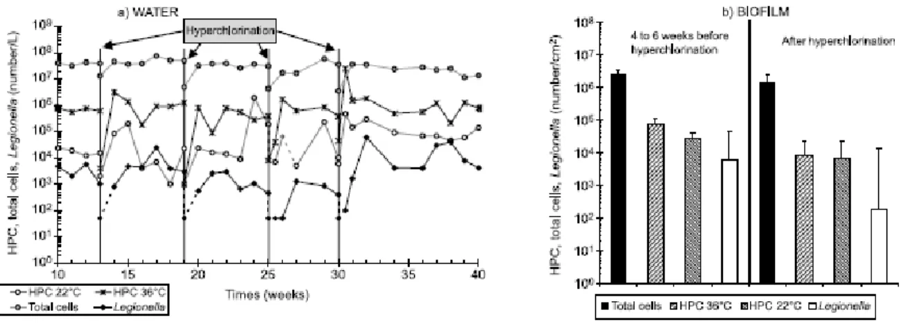 Figure 1-10 Impact de quatre traitements-chocs au chlore (50 mg/L, 12 heures) sur la flore 