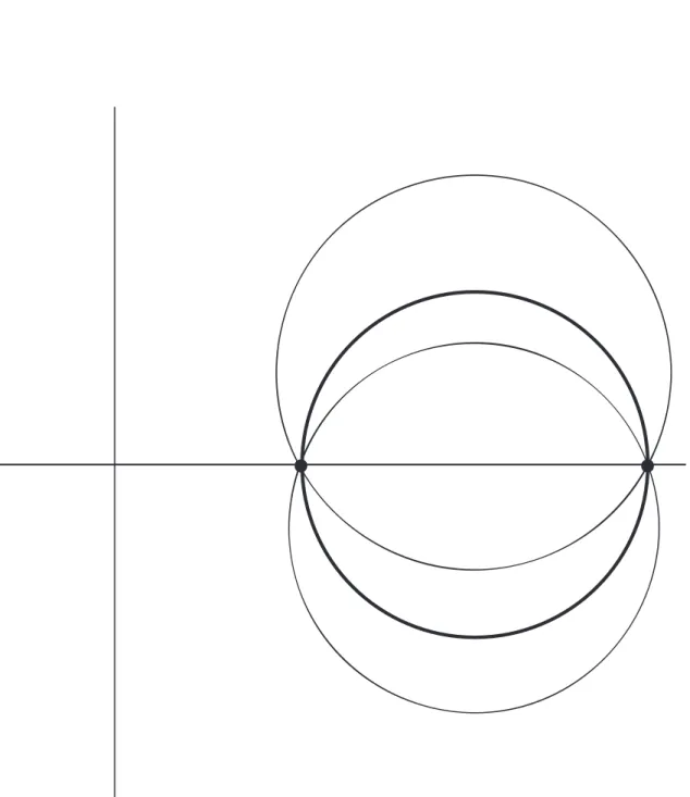 Figure 5.3 – Diﬀérentes T (R)-orbites dans le cas d’arcs de cercles. En gras la géodésique.
