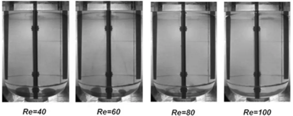 Figure 1.10: Disparition d‟une zone de ségrégation en régime de transition avec le  Maxblend et  un fluide newtonien (Fradette et al., 2007)