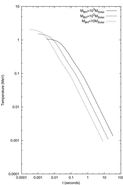 Figure 3.3: Temperature in comoving system as a function of laboratory time for different values of black hole mass µ.