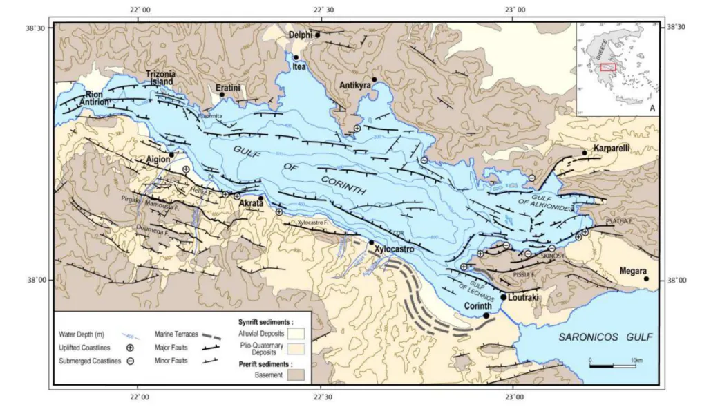 Fig. 2.3 – Cartographie des failles du Golfe de Corinthe, tir´ee de [Moretti et al., 2003]