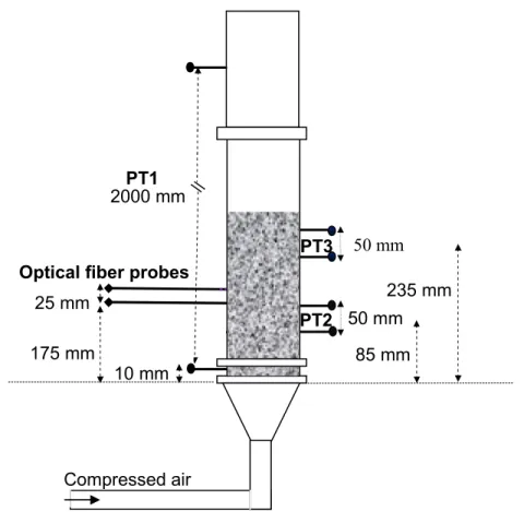 Fig.  3.1: Sketch of the fluidization column equipped with pressure transducers and optical fiber  probes 