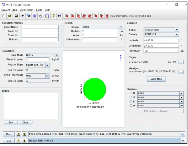 Figure 2.18 : Interface graphique du WEPS et ses principaux champs de sélection de données