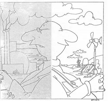 Figure n°4. Dépliant de  l’association Amis de la Terre, de  1977, illustrant l’opposition entre  deux mondes, celui de la  technocratie nucléaire, et celui de  la démocratie et des énergies  douces