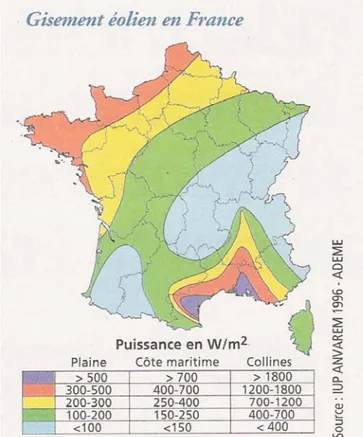 Figure n°5 .  La distribution du  gisement éolien sur le territoire  français. (ADEME, 1996) 