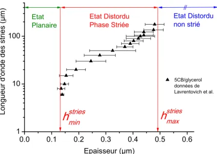 Fig. 3.5: R´ecapitulation de l’interpr´etation de Lavrentovich et Pergamenshchik pour les films minces de 5CB sur glyc´erol.