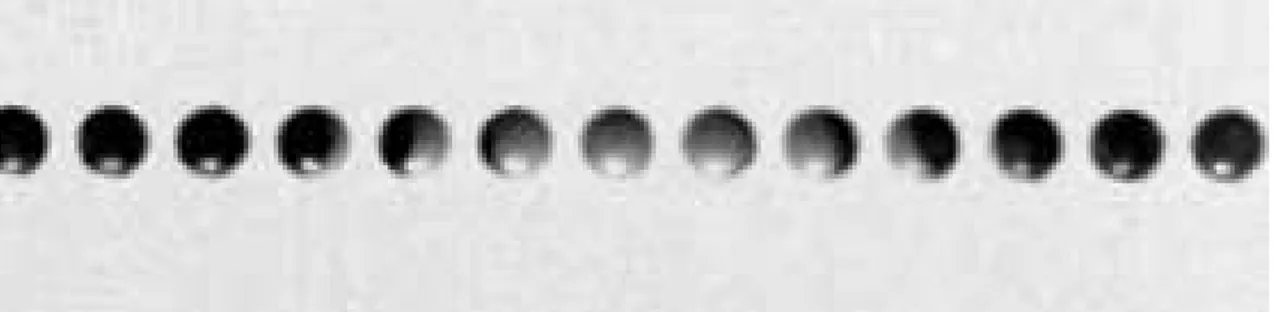 Fig. 3.5 – Superposition de clichés pris à 350 µs d’intervalle d’une bille de polypropylène de 5