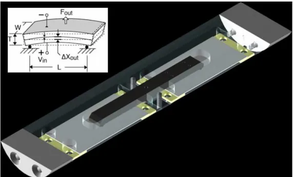 Figure 1.5 Vibreur piézoélectrique basse  fréquence dédié à l’élastographie par IRM à 7T et son support