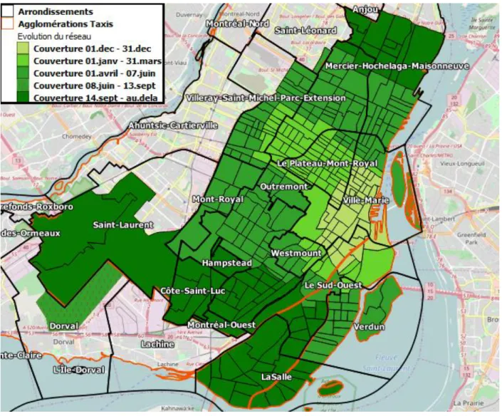 Figure  3-1 : Évolution de la couverture spatiale du réseau de Téo Taxi 