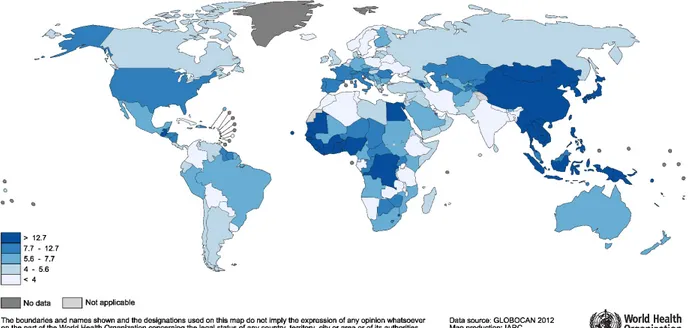 Figure 2.6 Incidence des cancers du foie selon la région géographique en 2012. Tiré de Ferlay et al