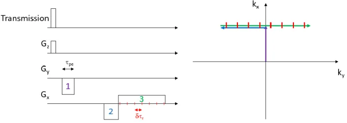 Figure 1.2 – Schéma de principe d’une séquence GRE. À gauche : transmission RF et activation  des gradients, en fonction du temps, nécessaire à l’encodage du k-espace