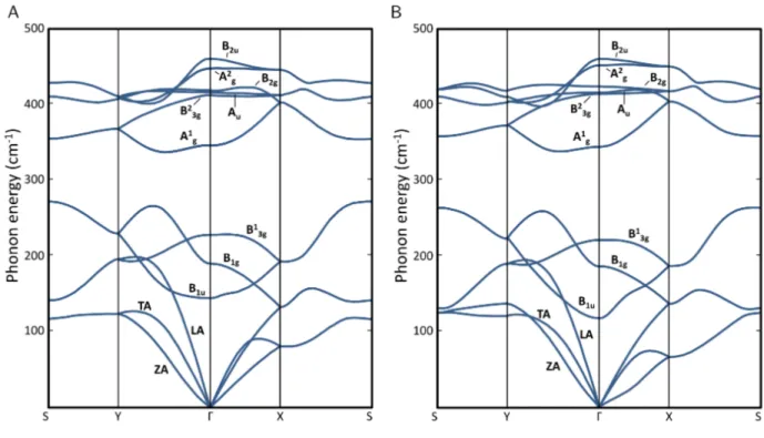 Figure 2.10 Structure de bande des phonons de la mono-couche (A) et du massif de phosphore noir (B)