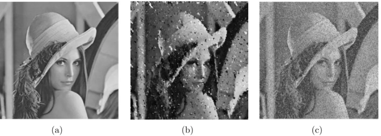 Figure 2.15 Image Noise: (a) Original, (b) Random noise [48], (c) Pattern noise [49]