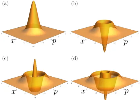 Figure II.5 – Représentation de la fonction de Wigner (II.123) de l’état de Fock |0i (a), |1i (b), |2i (c) et |3i (d)