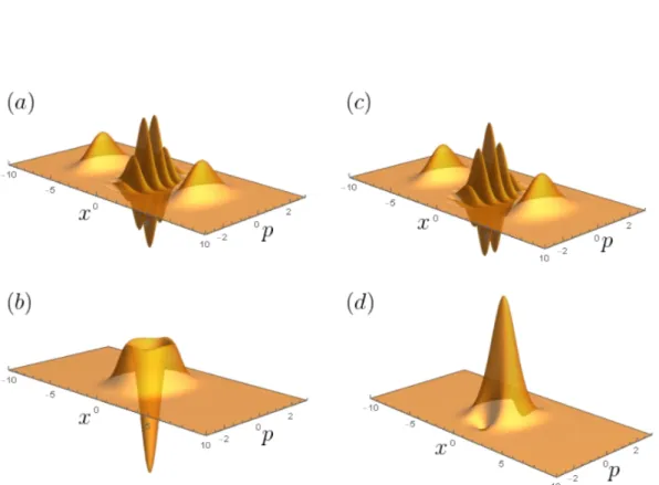 Figure II.8 – Représentations de la fonction de Wigner (II.187) d’états chats de Schrödinger impairs (à gauche) et pairs (à droite), avec des amplitudes α = 5 (en haut) et α = 1 (en bas).