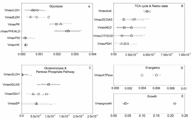 Figure  4.3Parameter estimates with their error bars for highly sensitive parameters of  glycolysis (A), TCA cycle and redox state (B), glutaminolysis and pentose phosphate  pathway (C), and energetic and growth (D)