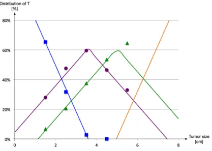 Figure 4.7: Distribution of T1 to T4 according to tumour size. 