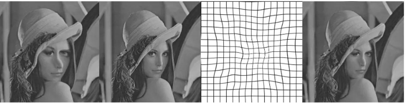 Figure 2.12 de gauche à droite : l’image source, l’image cible, le champ de déformation obtenu par B-Splines, l’image source transformée