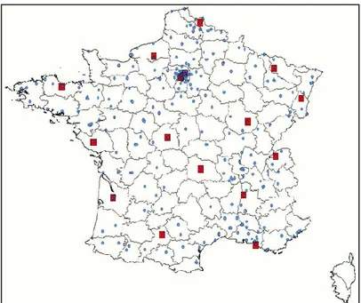 Figure 6: Geographic location of the study centre of ELFE study (Blue dots: maternity units, red rectangles: French Blood  Agency) 