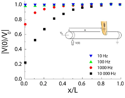 Fig. 2-12 Voltage measured at the extremity of a capacitor fiber opposite to the fiber grounded  end