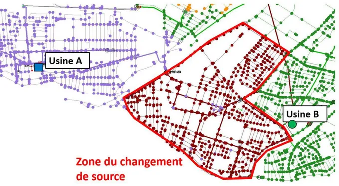 Figure 4.1 : Localisation de la zone du changement de source d’approvisionnement et des usines  A et B 