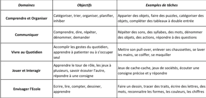 Tableau 1 : Objectifs et tâches proposés au sein de chacun des 5 domaines de l'application