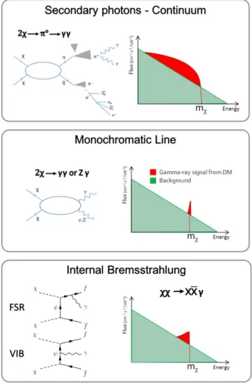 Figure 2.6 – De haut en bas : les principaux processus de désintégration de matière noire incluant le diagramme de Feynman correspondant et la signature spectrale résultant d’une telle désintégration