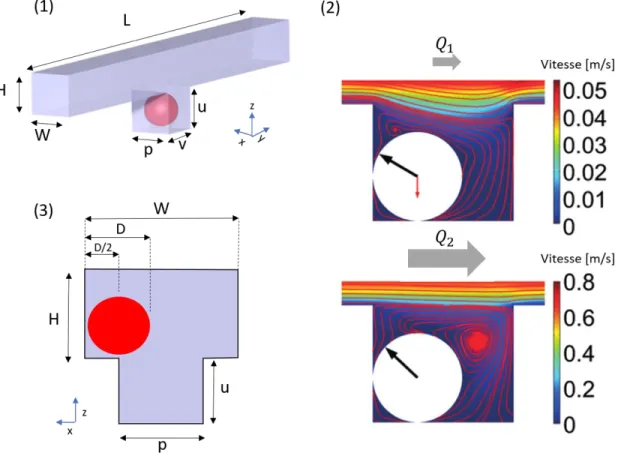 Figure  4.1 :  Mécanisme  de  piégeage  des  échantillons.  (1)  Représentation  schématique  d’un  canal  microfluidique présentant une extrusion  cubique selon  l’axe z qui  représente un puits  gravitationnel  où  est  piégé  un  échantillon  sphérique 