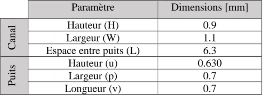 Tableau 4.3 : Dimensions finales du système microfluidique 