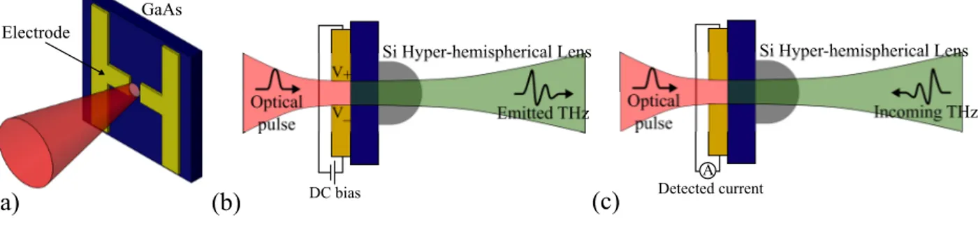 Figure 1.2 (a) Optical excitation of the THz-PCA. (b) Generation and (c) detection of THz with the THz-PCA.