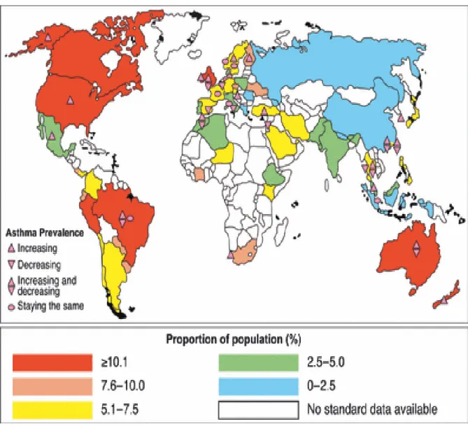 Figure 1 Répartition et évolution de la prévalence de l’asthme dans le monde entre 1990 et 2008 