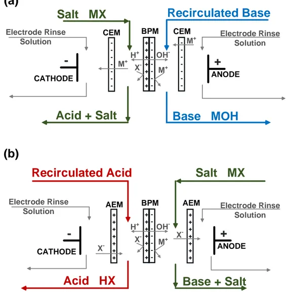 Figure 2.6 Two-compartments EDBM cell arrangement for production of (a) base and (b) acid from their corresponding salts