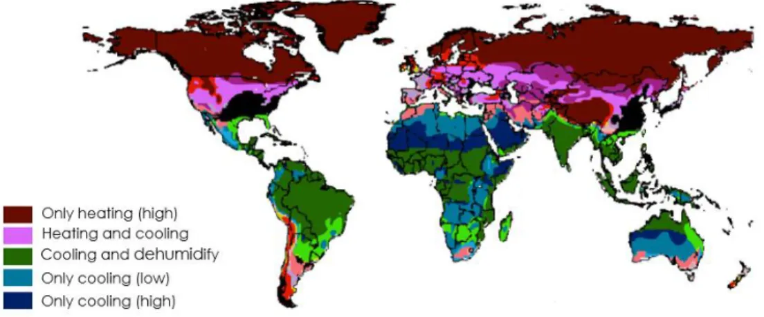 Figure 1.2: World map of different climate zones according to the energy demands for heating or  cooling