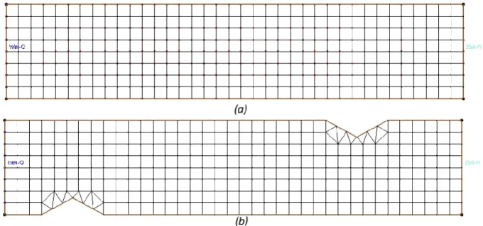 Figure 4-7: 2D model of the laboratory flume using SMS for both configurations (a) “Case1” and  (b) “Case2” 