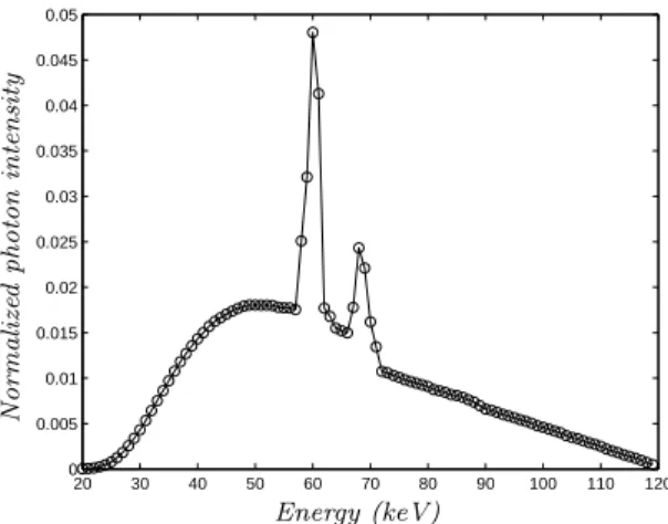 Fig. 4.2 – Spectrum of the polychromatic source used for data simulation (x-axis in keV, y-axis in unitless normalized photonic intensity).