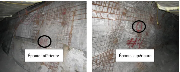 Figure 3-12: Photographie de la position des plaques de convergence.  Exemple de la section de convergence #4 (Armatys et Berson, 2009) Éponte inférieure 