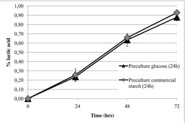 Figure 2-4: Percentage of lactic acid produced by commercial potato starch fermentations as  function of preculture type 