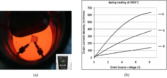 Figure 2.19: 0.25 × 50 μm 2  AlIn/GaN HEMT device tested at 1000  o C: a) Sample under test, b) I- I-V characteristics where I-V GS  is swept from -8 V to 0 V by steps of 4 V [20] 