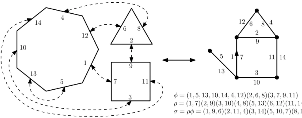 Figure 1.4: A planar map resulting from the gluing process encoded by pφ, σq. Note that the point at infinity is inside the heptagon.