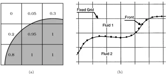 Figure 2.1 – Illustration (a) de la fonction indicatrice de phase dans la méthode VOF ( Couderc , 2007 ) et (b) des marqueurs de la grille lagrangienne supplémentaire  représen-tant l’interface ( Tryggvason et al